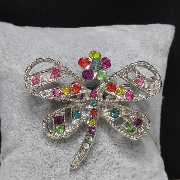 Dragonfly & Flower Brooch, Multicolored Rhinestones, Silver Tone, 1 3/4 Inches - Picture 4 of 9